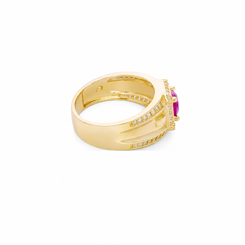 14KT Gold Ring Men's Square Red Round CZ 14KT Gold Men's Ring Square Red Round CZ Center Stone White CZ Stone Border Side Design White CZ Stones Plain Stone White CZ Stone Border Side Design White CZ Stones Plain