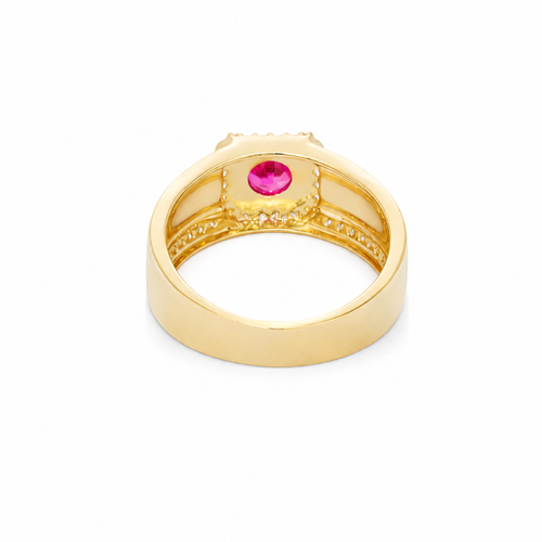 14KT Gold Ring Men's Square Red Round CZ 14KT Gold Men's Ring Square Red Round CZ Center Stone White CZ Stone Border Side Design White CZ Stones Plain Stone White CZ Stone Border Side Design White CZ Stones Plain