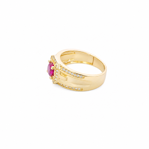 14KT Gold Ring Men's Square Red Round CZ 14KT Gold Men's Ring Square Red Round CZ Center Stone White CZ Stone Border Side Design White CZ Stones Plain Stone White CZ Stone Border Side Design White CZ Stones Plain