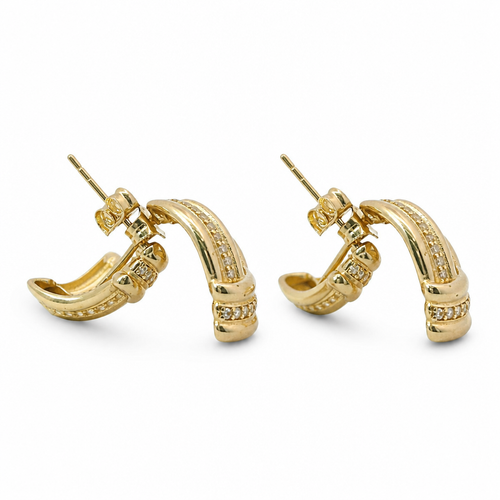 14KT Gold Earrings Medium White CZ Stones Ribbed Three Strand Triangle Knot with Push Back Post and Butterfly Backs