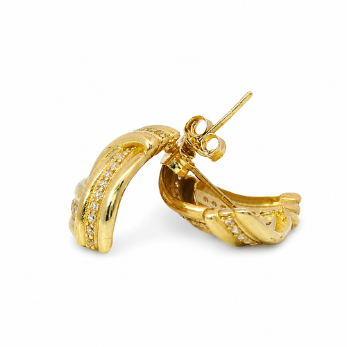 14KT Gold Earrings Medium White CZ Stones Ribbed Three Strand Triangle Knot with Push Back Post and Butterfly Backs