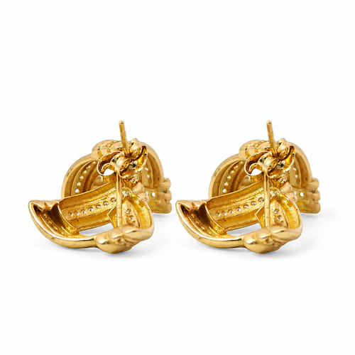 14KT Gold Earrings Medium White CZ Stones Ribbed Three Strand Triangle Knot with Push Back Post and Butterfly Backs