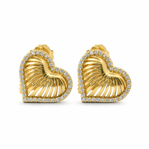 14KT Gold Ring Women's Plain Ribbed Seashell Heart with Push Back Post and Butterfly Backs