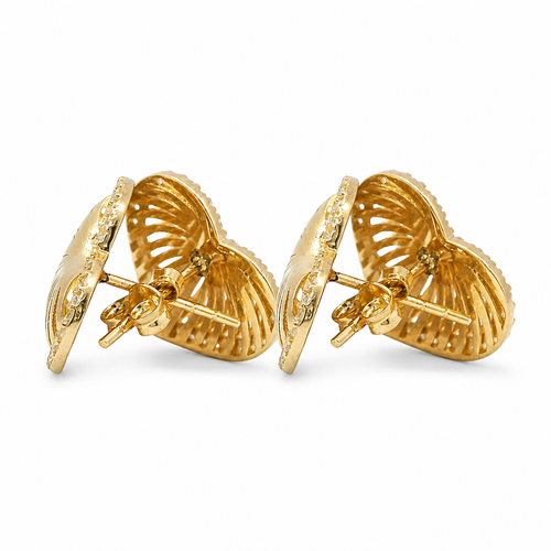 14KT Gold Ring Women's Plain Ribbed Seashell Heart with Push Back Post and Butterfly Backs