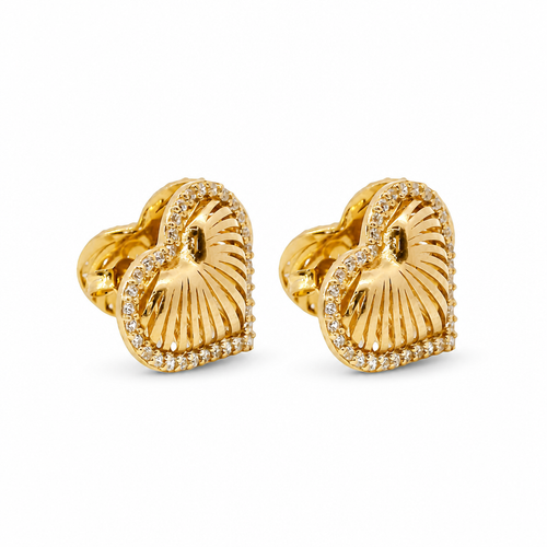 14KT Gold Ring Women's Plain Ribbed Seashell Heart with Push Back Post and Butterfly Backs