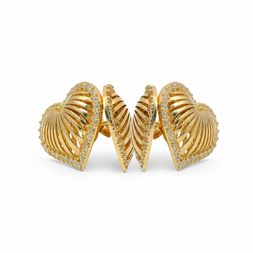 14KT Gold Ring Women's Plain Ribbed Seashell Heart with Push Back Post and Butterfly Backs