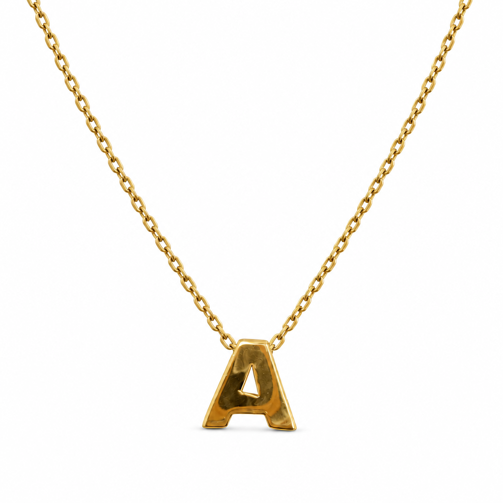 14KT Gold Solid Set Thin Chain Cable Link with Spring Lock Clasp and Single Block Font Uppercase Initial "A"