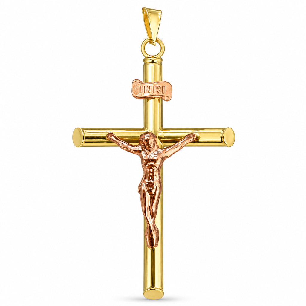 14KT Yellow / Rose Gold Charm Medium Two Tone Hollow Tube Slant Ends Crucifix Cross with Plain Bell