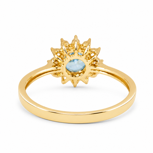 14KT Gold Ring Women's Flower Round Turquoise CZ Stone Center with White CZ Stones Petals Border Plain Band