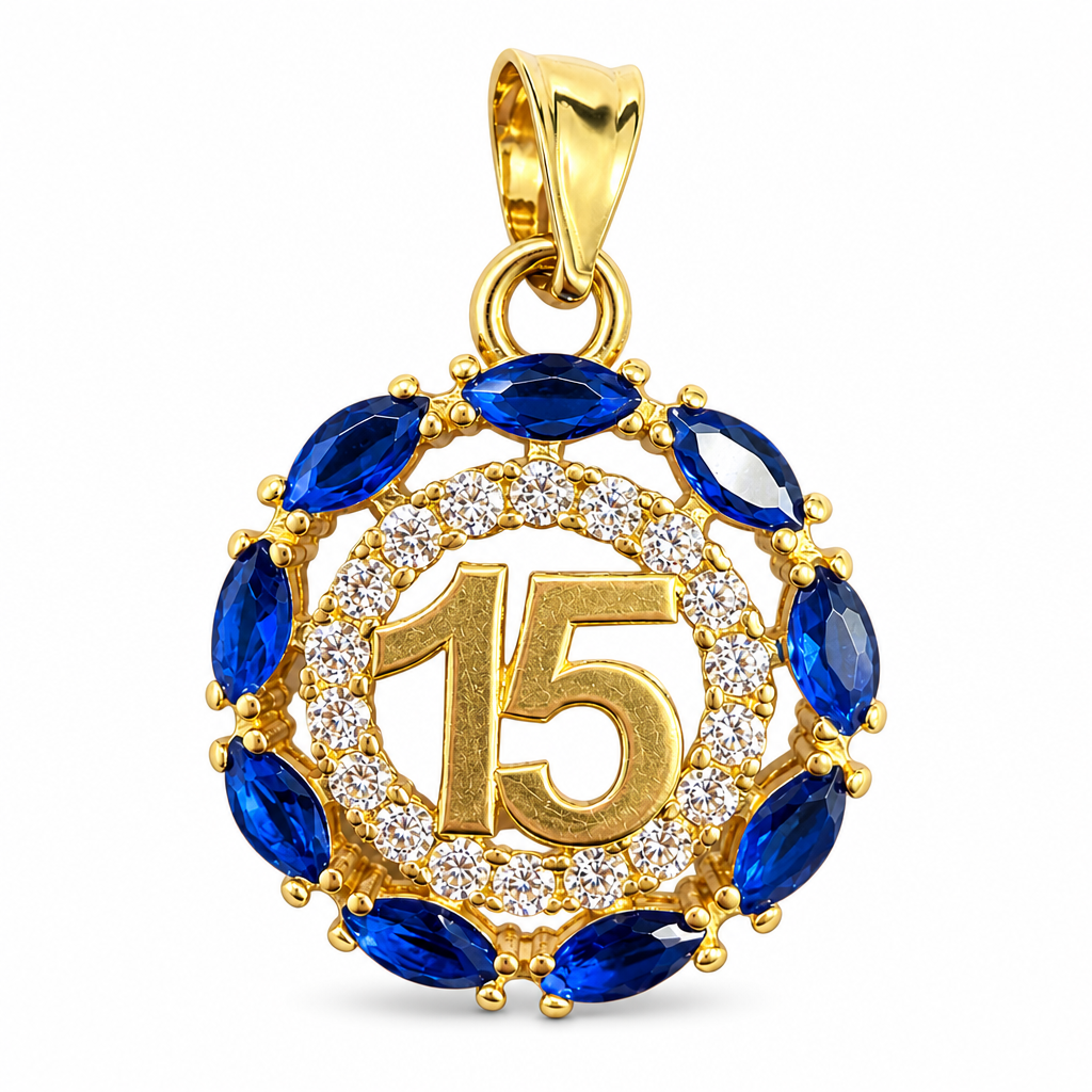 14KT Gold Charm Medium Round Quinceanera "15" Center with White CZ Stones Outline and Navy Blue Marquise Border and Plain Bell