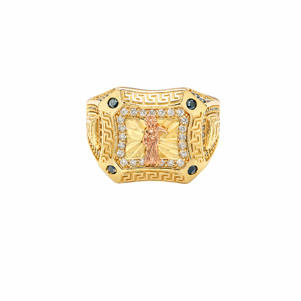 14KT Gold Ring Men's Square Two Tone Raised Santa Muerte with Sunray Background White CZ Stone Border Greek Frame Corner Design Black CZ Stone Band Design Black CZ Stones Border Around Two Tone Raised Arrow