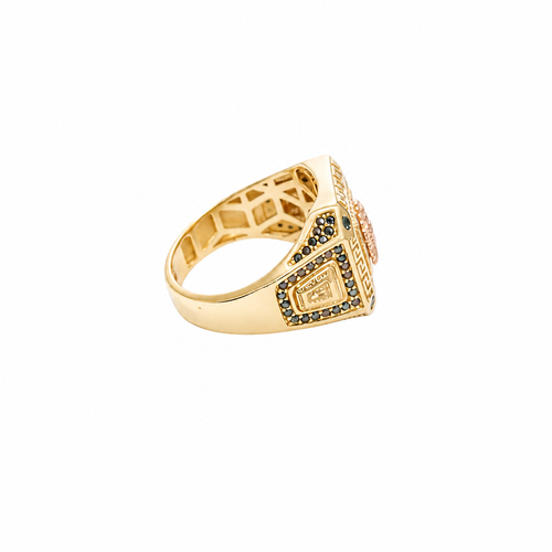 14KT Gold Ring Men's Square Two Tone Raised Santa Muerte with Sunray Background White CZ Stone Border Greek Frame Corner Design Black CZ Stone Band Design Black CZ Stones Border Around Two Tone Raised Arrow