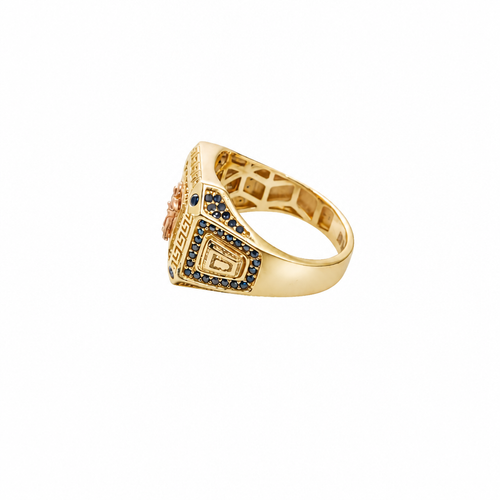 14KT Gold Ring Men's Square Two Tone Raised Santa Muerte with Sunray Background White CZ Stone Border Greek Frame Corner Design Black CZ Stone Band Design Black CZ Stones Border Around Two Tone Raised Arrow