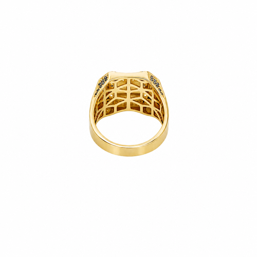 14KT Gold Ring Men's Square Two Tone Raised Santa Muerte with Sunray Background White CZ Stone Border Greek Frame Corner Design Black CZ Stone Band Design Black CZ Stones Border Around Two Tone Raised Arrow