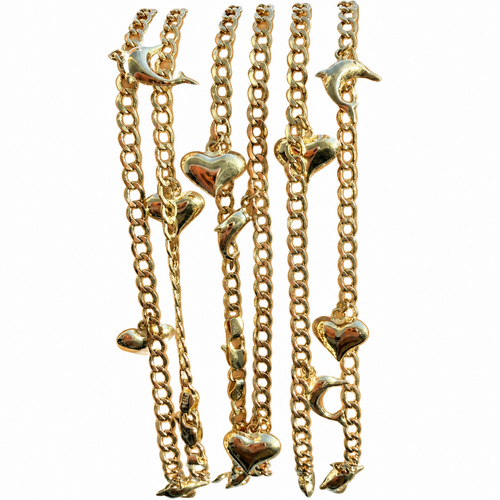 14KT Gold Hollow Curb Anklet with Puff Dolphin and Heart Charms 2.5mm
