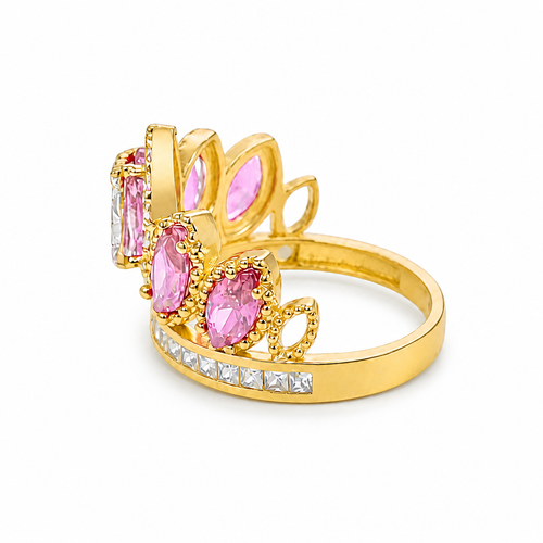 14KT Gold Ring Women's "15" Quinceanera Crown Light Pink CZ Stones with White Square CZ Stones Band Plain Shank