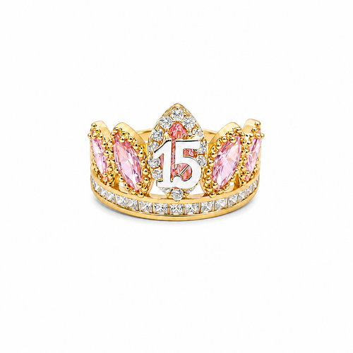 14KT Gold Ring Women's "15" Quinceanera Crown Light Pink CZ Stones with White Square CZ Stones Band Plain Shank