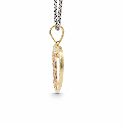 14KT Gold Charm Medium Two Tone Virgin Mary Open Diamond Cut Heart with Plain Bell