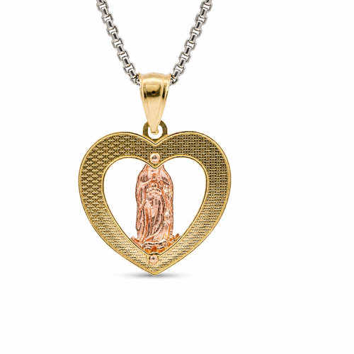 14KT Gold Charm Medium Two Tone Virgin Mary Open Diamond Cut Heart with Plain Bell