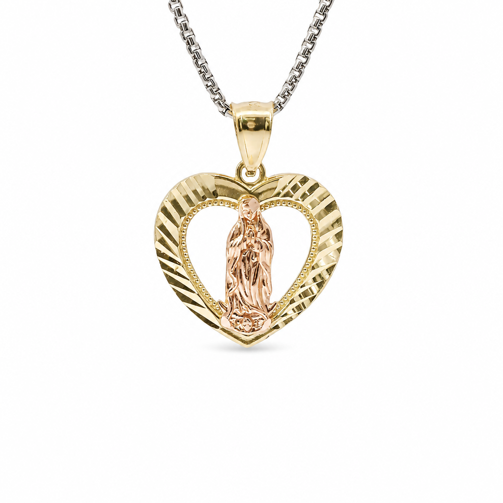 14KT Gold Charm Medium Two Tone Virgin Mary Open Diamond Cut Heart with Plain Bell