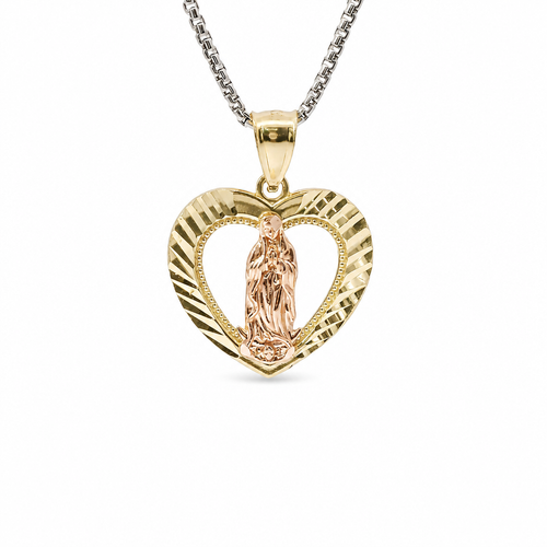 14KT Gold Charm Medium Two Tone Virgin Mary Open Diamond Cut Heart with Plain Bell