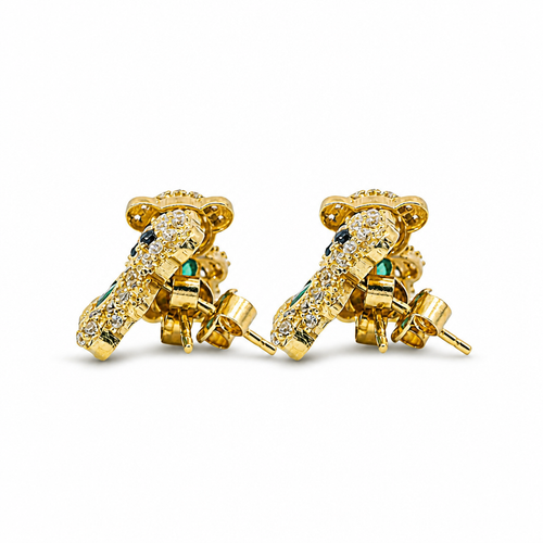 14KT Gold Earring Small White CZ Stones Teddy Bear with Black CZ Stones Eyes, Dark Green Heart CZ Stone Belly, Push Back Post, and Butterfly Backs
