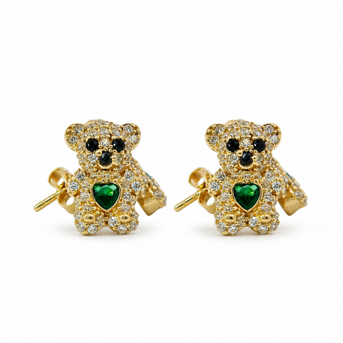 14KT Gold Earring Small White CZ Stones Teddy Bear with Black CZ Stones Eyes, Dark Green Heart CZ Stone Belly, Push Back Post, and Butterfly Backs