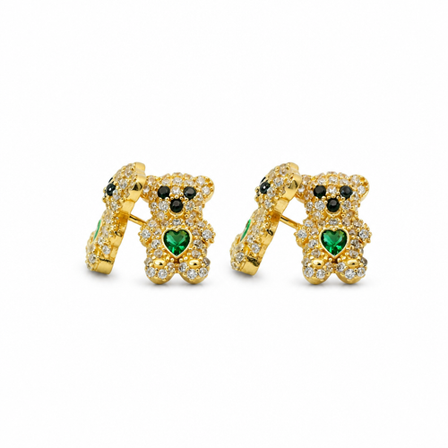 14KT Gold Earring Small White CZ Stones Teddy Bear with Black CZ Stones Eyes, Dark Green Heart CZ Stone Belly, Push Back Post, and Butterfly Backs