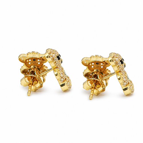14KT Gold Earring Small White CZ Stones Teddy Bear with Black CZ Stones Eyes, Dark Green Heart CZ Stone Belly, Push Back Post, and Butterfly Backs