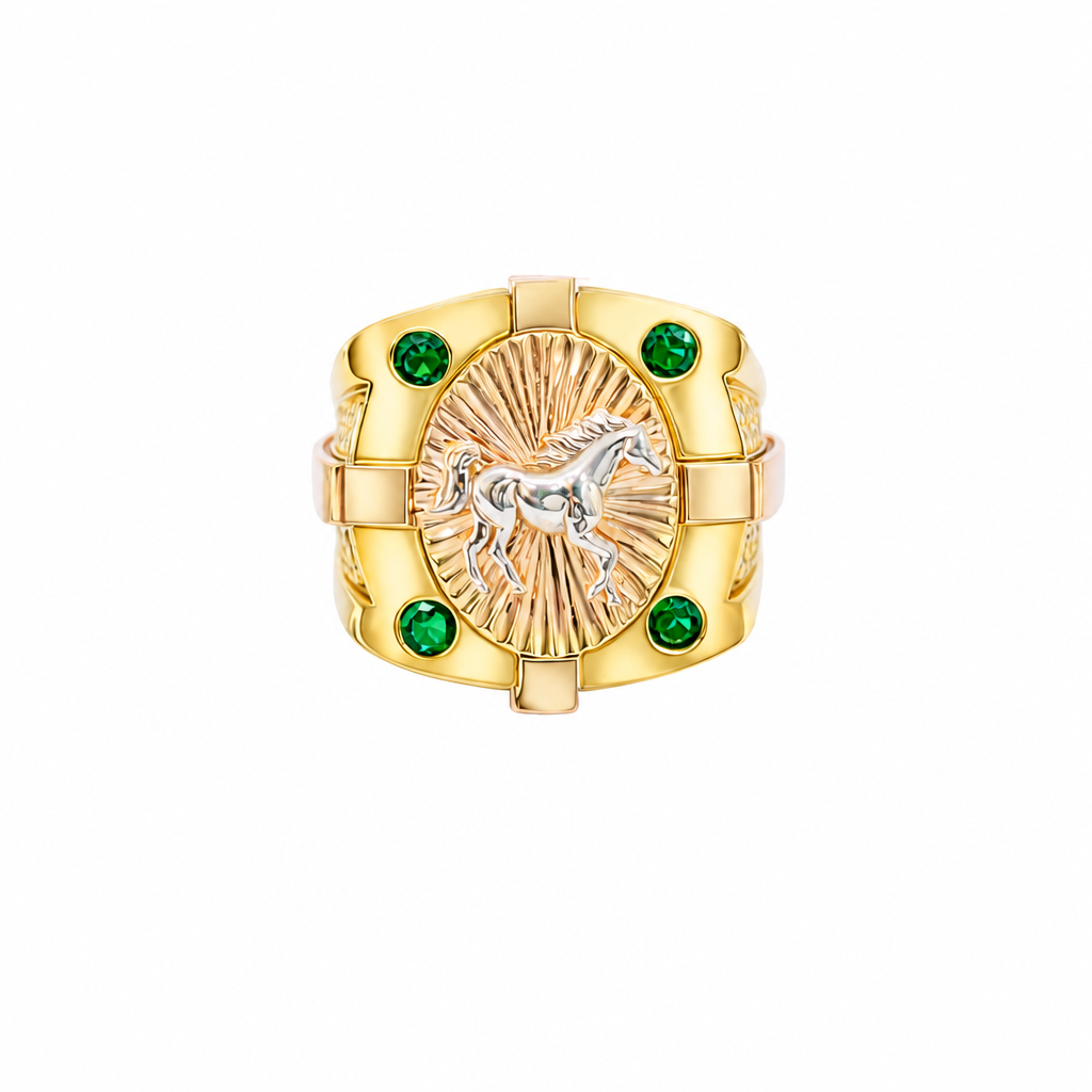 14KT Gold Ring Men's Square Tri Tone Raised Oval Full Horse with Sunray Background and Corner Design One Green CZ Stone Band Design Double Row White CZ Stone Interlocking Top/Side Cross