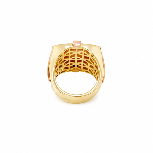 14KT Gold Ring Men's Square Tri Tone Raised Oval Full Horse with Sunray Background and Corner Design One Green CZ Stone Band Design Double Row White CZ Stone Interlocking Top/Side Cross