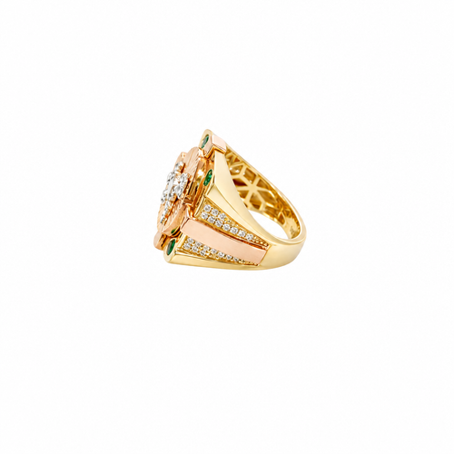 14KT Gold Ring Men's Square Tri Tone Raised Oval Full Horse with Sunray Background and Corner Design One Green CZ Stone Band Design Double Row White CZ Stone Interlocking Top/Side Cross