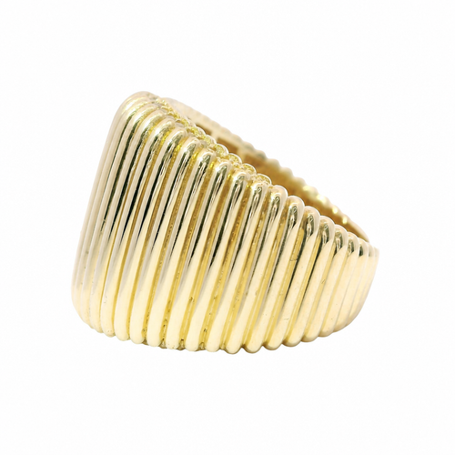 14KT Gold Ring Women's Plain Ribbed Band White CZ Stone Edge