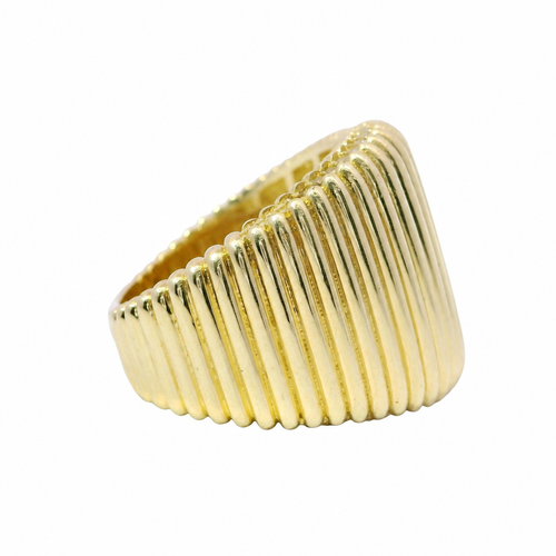 14KT Gold Ring Women's Plain Ribbed Band White CZ Stone Edge