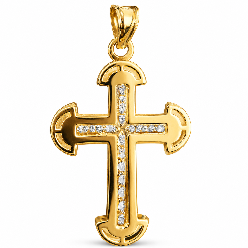 14KT Gold Charm Medium White CZ Stone Cross Center with Plain Open Mushroom Shape Ends Border and Plain Bell