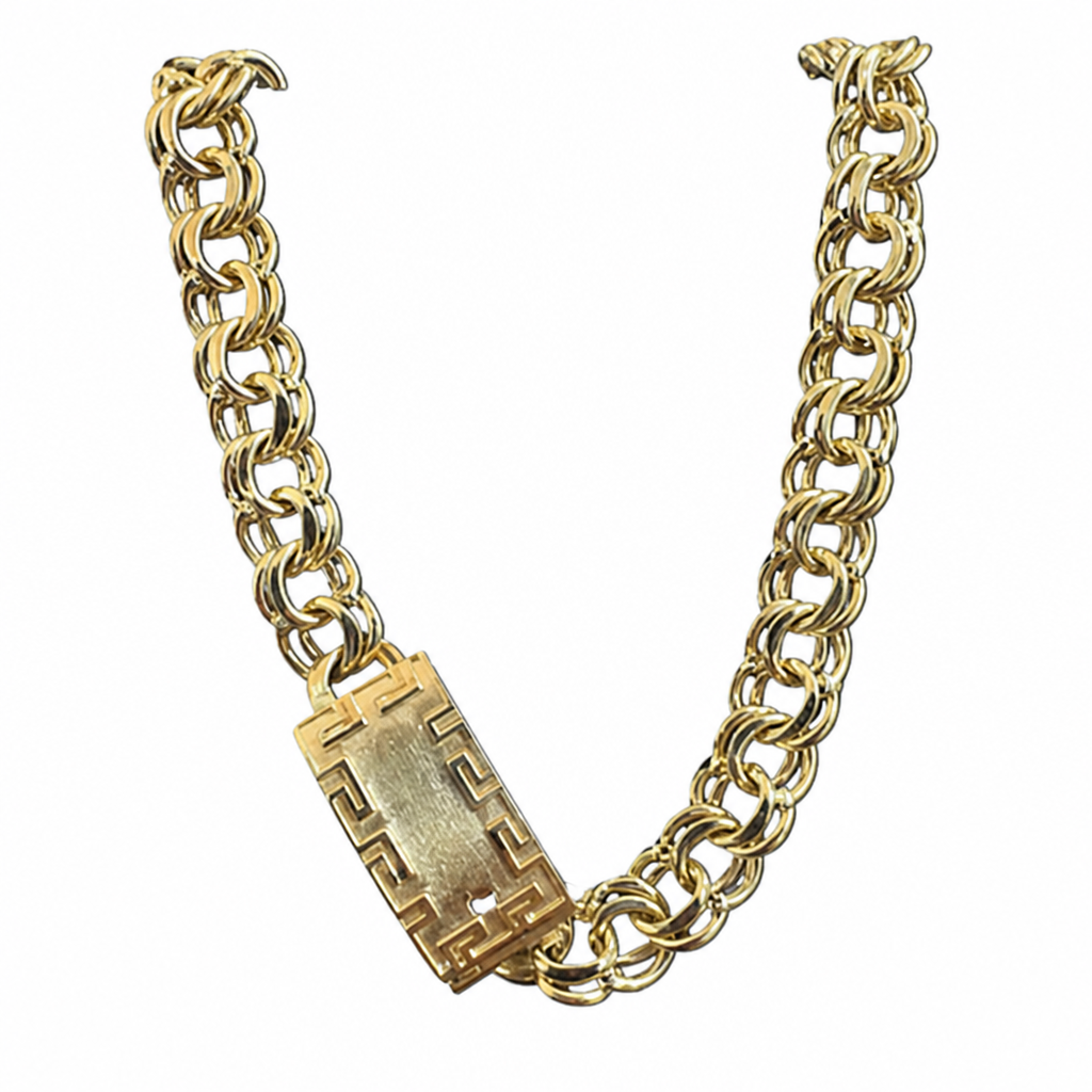 14KT Gold Chain Hollow Chino with Greek Border Pin Lock 7.5mm
