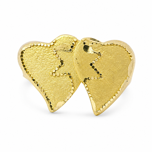 14KT Gold Ring Women's Double Heart Center Connected with Star and Plain Split Band