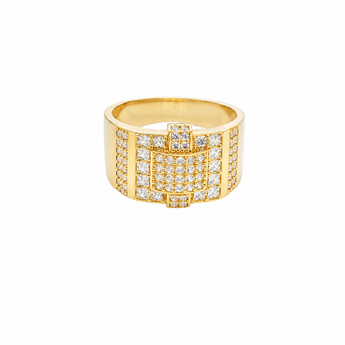 14KT Gold Ring Men's Raised Curved Square of 20 White CZ Stones with Double Row White CZ Stone Belt Through Curved Square and Single White CZ Stones Border and Double Row of White CZ Stones on Band