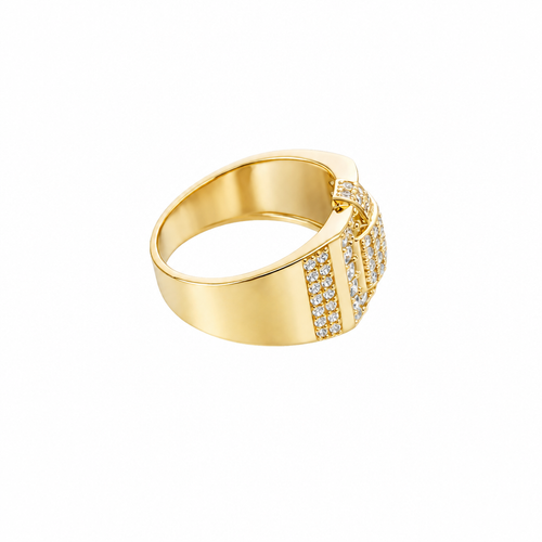 14KT Gold Ring Men's Raised Curved Square of 20 White CZ Stones with Double Row White CZ Stone Belt Through Curved Square and Single White CZ Stones Border and Double Row of White CZ Stones on Band