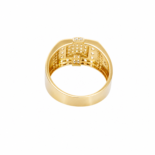 14KT Gold Ring Men's Raised Curved Square of 20 White CZ Stones with Double Row White CZ Stone Belt Through Curved Square and Single White CZ Stones Border and Double Row of White CZ Stones on Band