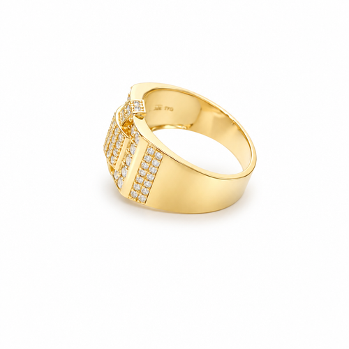 14KT Gold Ring Men's Raised Curved Square of 20 White CZ Stones with Double Row White CZ Stone Belt Through Curved Square and Single White CZ Stones Border and Double Row of White CZ Stones on Band