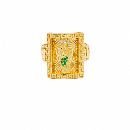 14KT Gold Ring Men's Rectangle Mini St. Jude Greek Border with White/Green CZ Stones Robe and Chino Link Band