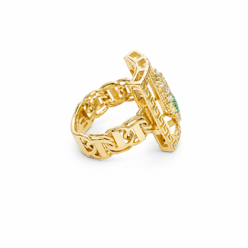 14KT Gold Ring Men's Rectangle Mini St. Jude Greek Border with White/Green CZ Stones Robe and Chino Link Band