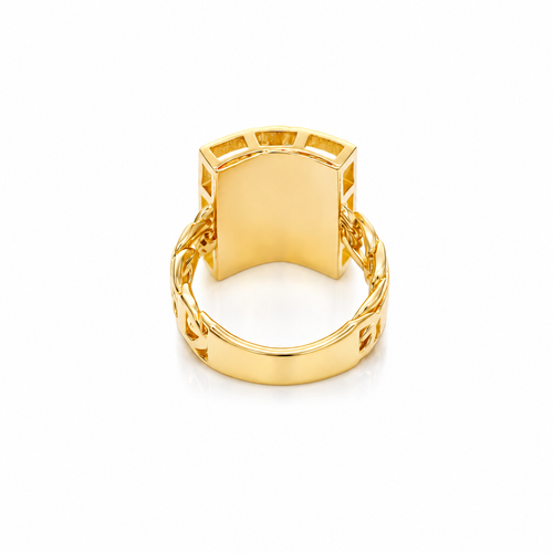 14KT Gold Ring Men's Rectangle Mini St. Jude Greek Border with White/Green CZ Stones Robe and Chino Link Band