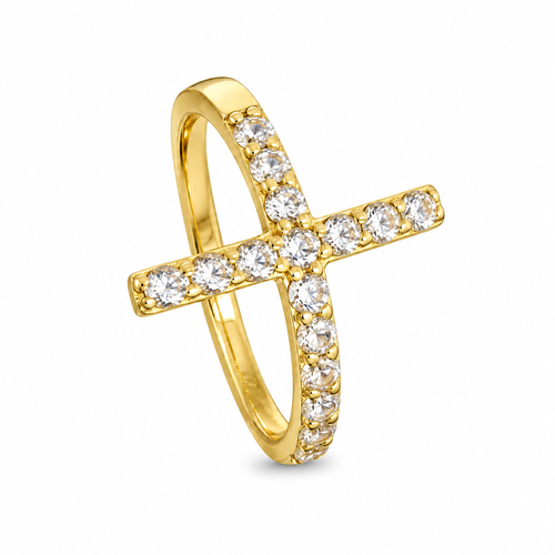 14KT Gold Ring Women's Jumbo Round White CZ Stones Cross and Plain Band