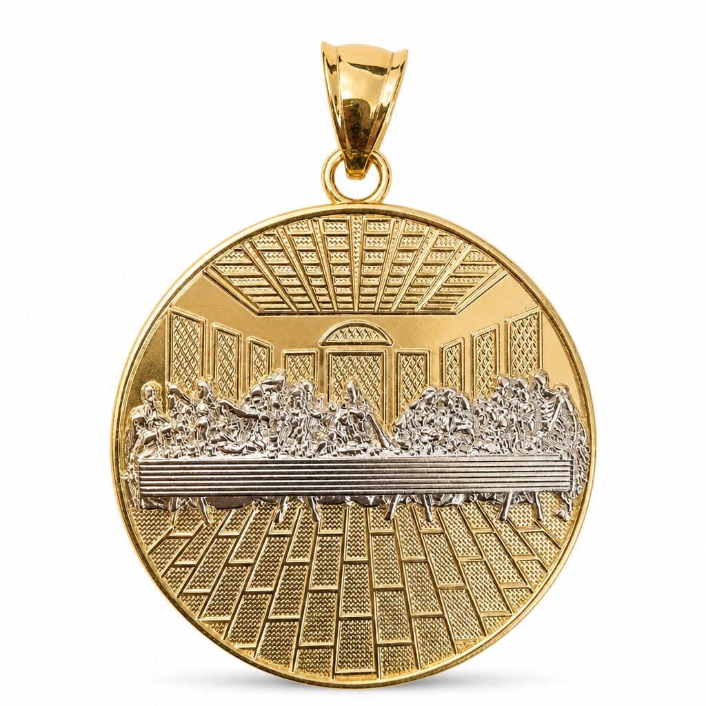 14KT Gold Charm Extra Large Round Two Tone Last Supper with Brick Floor and Plain Border and Bell