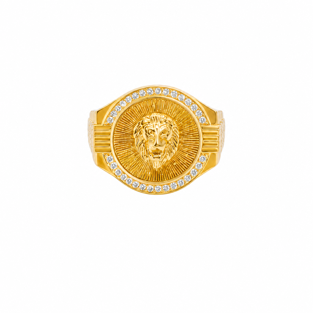 14KT Gold Ring Men's Round Raised Lion Head Coin Design with Single Row White CZ Stone Border Shank Design Four Ridges Under Four Bar Waterfall Edge