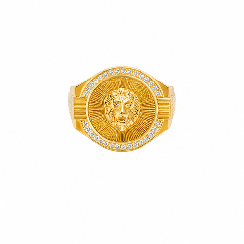 14KT Gold Ring Men's Round Raised Lion Head Coin Design with Single Row White CZ Stone Border Shank Design Four Ridges Under Four Bar Waterfall Edge