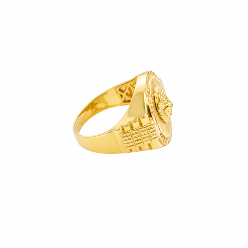 14KT Gold Ring Men's Round Raised Lion Head Coin Design with Single Row White CZ Stone Border Shank Design Four Ridges Under Four Bar Waterfall Edge