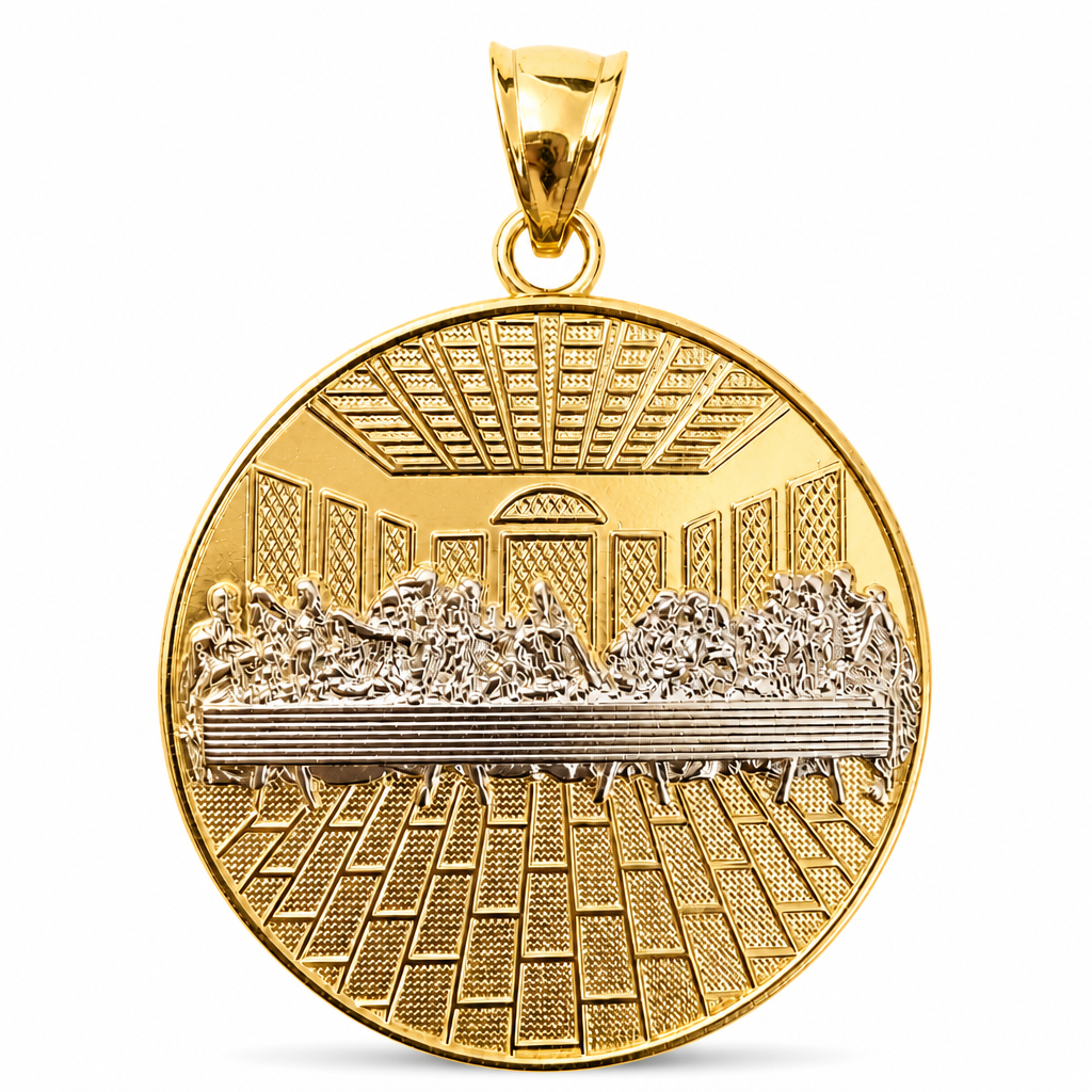 14KT Gold Charm Medium Round Two Tone Last Supper with Brick Floor and Plain Border and Bell